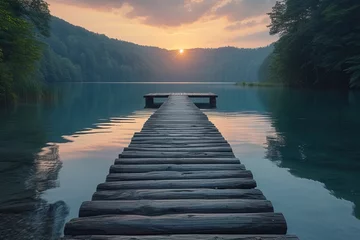 Fotobehang Sunset over a calm lake on a wooden pier © MariahPasha