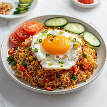 Typical Indonesian fried rice with sunny side up egg, served on a white plate, taken with professional photography style, white background and clean 