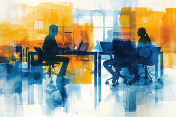 Two individuals sitting at a wooden table, each focused on their own laptop screen, engaged in work or study