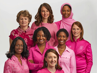 Groupe de femmes d'origines variées habillées en rose pour soutenir la prévention contre le cancer du sein, fond blanc - obrazy, fototapety, plakaty