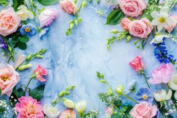 A blue background adorned with delicate pink and white flowers, creating a beautiful and vibrant contrast