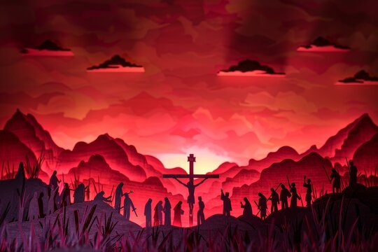 A group of people are gathered around a cross, with a sunset in the background