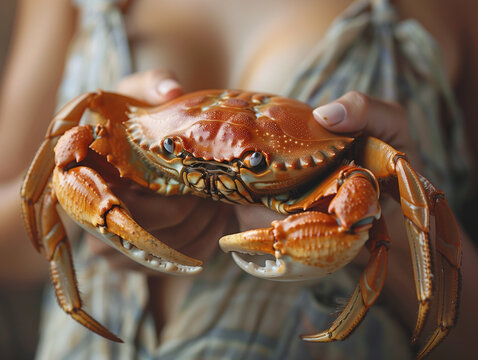 Femme tenant un crabe cancer au niveau de sa poitrine, symbole du cancer du sein