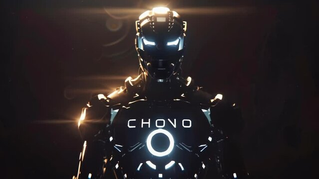 Futuristic robot with a sleek, metallic body stands alone in the darkness. 