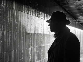 Silhouette d'un homme âgé avec un chapeau dans un environnement sombre et souterrain, détective privé et ambiance polar  - obrazy, fototapety, plakaty