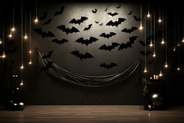 Bats and Moon Backdrop: Hang bat decorations and a crescent moon for a nighttime feel. - obrazy, fototapety, plakaty