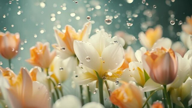Beautiful aesthetic tulip and narcissus flowers background with water drops under glass surface. Water drop on tulip. Tulips with rain drops	