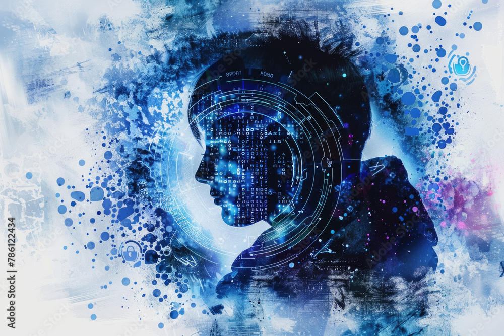 Poster close-up of a mans face in front of a dynamic digital background, showcasing a blend of technology a