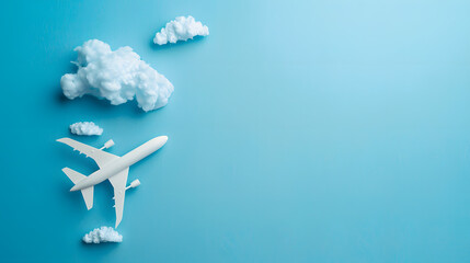 Flat lay design of travel concept with plane and cloud on blue background with copy space,