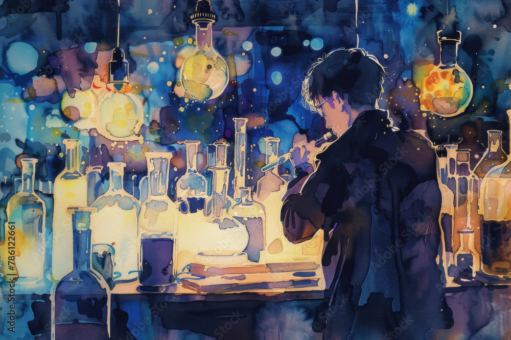 Poster a person conducting an experiment amidst an array of bubbling flasks and beakers under hanging lante