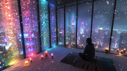 A holographic mental health therapy session in a room filled with softly glowing lights, overlooking a snowy cityscape