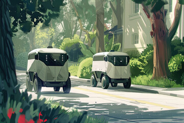 Two self-driving delivery robots move along a tree-lined road in a quiet neighborhood
