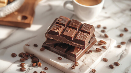 Tablette de chocolat au lait devant une tasse de café, gourmandise avec boisson chaude sur la table
