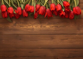 Naklejka na ściany i meble red tulips on a wooden table with green leaves