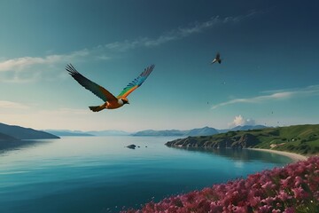 Fototapeta na wymiar Multi coloured bird above blue water