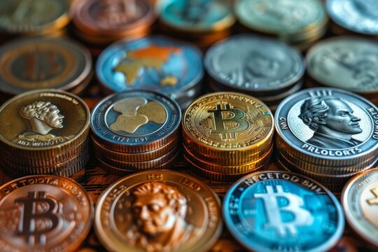 A vivid collection of various cryptocurrencies showing details and textures of coins with symbolic representation