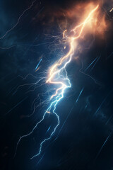 Dramatic image of a jagged lightning bolt illuminating the dark night sky. - obrazy, fototapety, plakaty