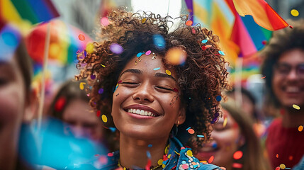 Joyful Woman Celebrating at Pride Parade with Confetti and Flags - obrazy, fototapety, plakaty