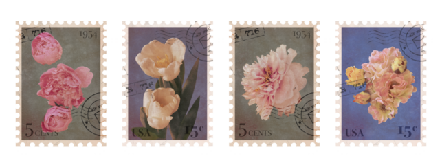 Set of Floral vintage Postage Stamp. Retro Printable post stamp with flowers. Aesthetic cutout Scrapbooking elements for wedding invitations, notebooks, journals, greeting cards, wrapping paper