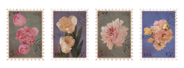 Fotobehang Retro Set of Floral vintage Postage Stamp. Retro Printable post stamp with flowers. Aesthetic cutout Scrapbooking elements for wedding invitations, notebooks, journals, greeting cards, wrapping paper  © Anna