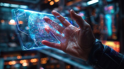 A holographic interface hovering above a user's hand, responding to touch with dazzling visual feedback, showcasing the seamless integration of technology into everyday life. - obrazy, fototapety, plakaty