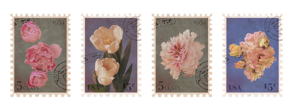 Fototapeta Set of Floral vintage Postage Stamp. Retro Printable post stamp with flowers. Aesthetic cutout Scrapbooking elements for wedding invitations, notebooks, journals, greeting cards, wrapping paper