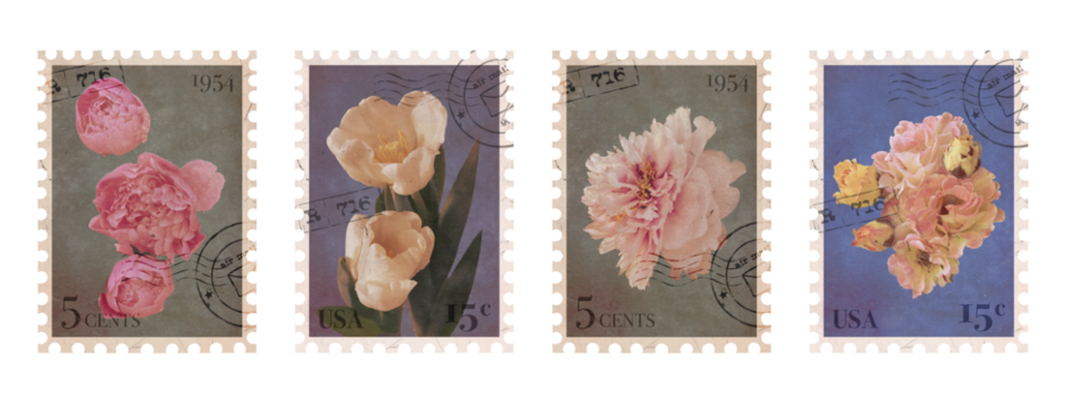 Set of Floral vintage Postage Stamp. Retro Printable post stamp with flowers. Aesthetic cutout Scrapbooking elements for wedding invitations, notebooks, journals, greeting cards, wrapping paper