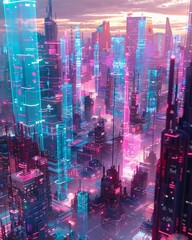 A city of holograms, constantly changing and reshaping itself according to the desires and collective imagination of its inhabitants,  - obrazy, fototapety, plakaty