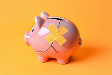 broken piggy bank with band aid bandage or plaster on yellow background. Unforeseen expenses, financial hardship, loss, financial difficulty, retrieve the saved funds concept