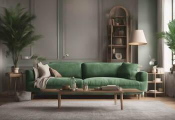 Home interior mock-up with green sofa table and decor in living room 3d render