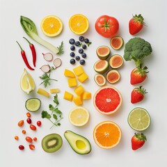 Assorted fruits and vegetables arranged on a white backdrop