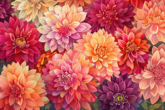 A vibrant painting featuring a bunch of colorful flowers in full bloom, showcasing a variety of hues and shapes