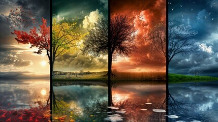 AI generated illustration of reflection of four seasonal trees in a lake - obrazy, fototapety, plakaty