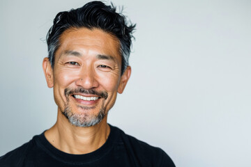 Obraz premium Portrait of old healthy, cheerful handsome middle aged Asian man smiling and looking at camera with white background. Happy aging society, retirement, teeth, health and senior healthcare concept