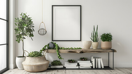 Chic Interior Decor Metal Frame mockup poster, Greenery indoor plants succulents in basket  Books White Wall Background