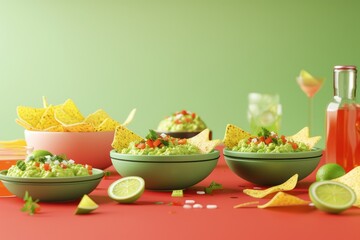 A table with a green background and bowls of guacamole and chips