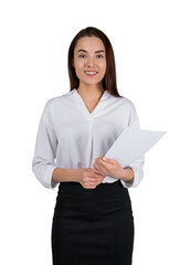 A confident woman in business attire holding a document, standing against a white background,...