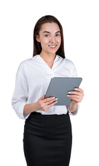 A smiling businesswoman holding a tablet, dressed in a white blouse and black skirt against a white background, depicting a professional concept