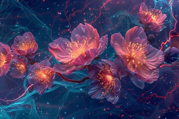 AI generated illustration of beautiful blooming pink flowers on a branch