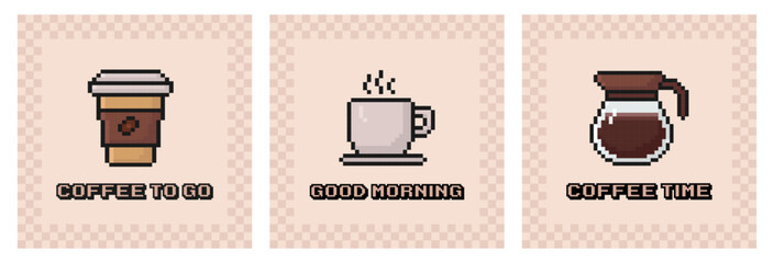 coffee pixel art poster set, 80s, 90s arcade game style, coffee cup, mug, pot, postcard, nostalgia, latte, cappuccino, espresso, vector illustration