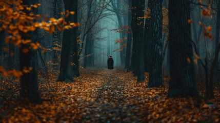 A solitary cloaked figure stands amidst a misty, autumn-tinged woods, surrounded by a carpet of fallen leaves - obrazy, fototapety, plakaty