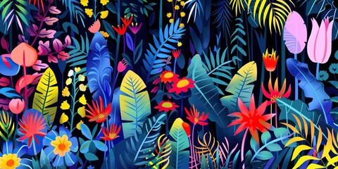 Abstract Bright Colorful Jungle Plants Banner in Exaggerated Shapes and Sizes on Black Background - obrazy, fototapety, plakaty