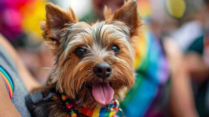 Colorful Yorkshire Terrier at Pride Parade With Spirited Expression