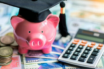 Close-up of Financial Education: Graduation Hat on Piggy Bank with Money and Calculator in Stock Photo