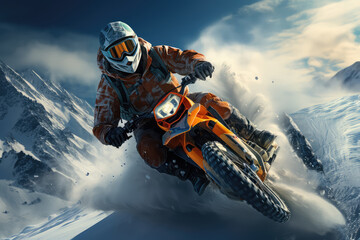 A man skillfully navigating a motorcycle on top of a snow-covered mountain, showcasing adventure and thrill in a challenging terrain - obrazy, fototapety, plakaty