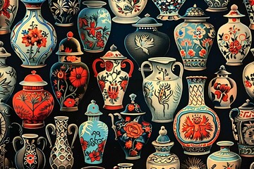 AI generated illustration of a variety of brightly-colored vases neatly arranged on a wall
