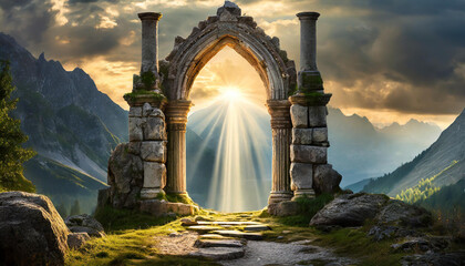 Magic stone gate with light coming through pillars. Old arch. Mysterious portal to another world - obrazy, fototapety, plakaty