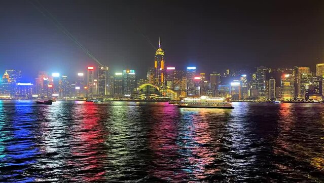 Victoria Habour, Hong Kong - Apir 14th 2024 - VDO of Bustling harbour area with waterfront scenery and popular nighttime light.
