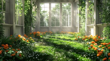 Fantasty Green fairy tale botanical garden fantasy greenhouse design, lovely greenhouse with flowers