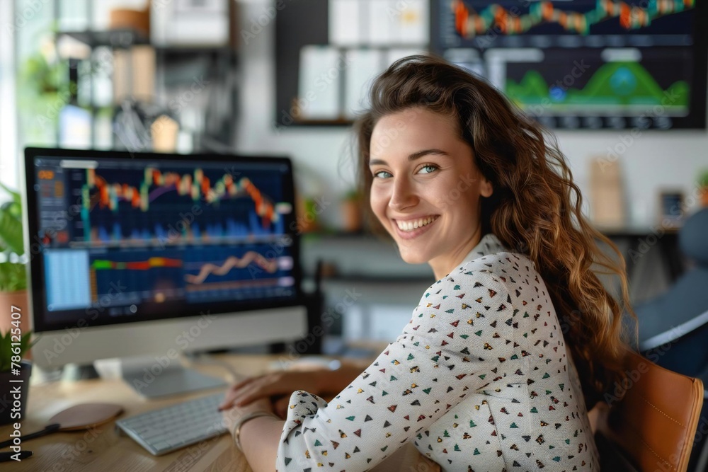 Poster happy trader looking at stock graphs online from office desk